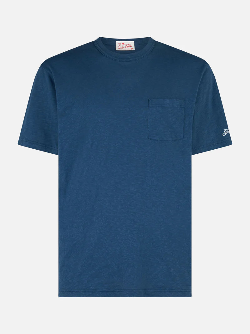 T-shirt da uomo President in cotone fiammato blu con ricamo