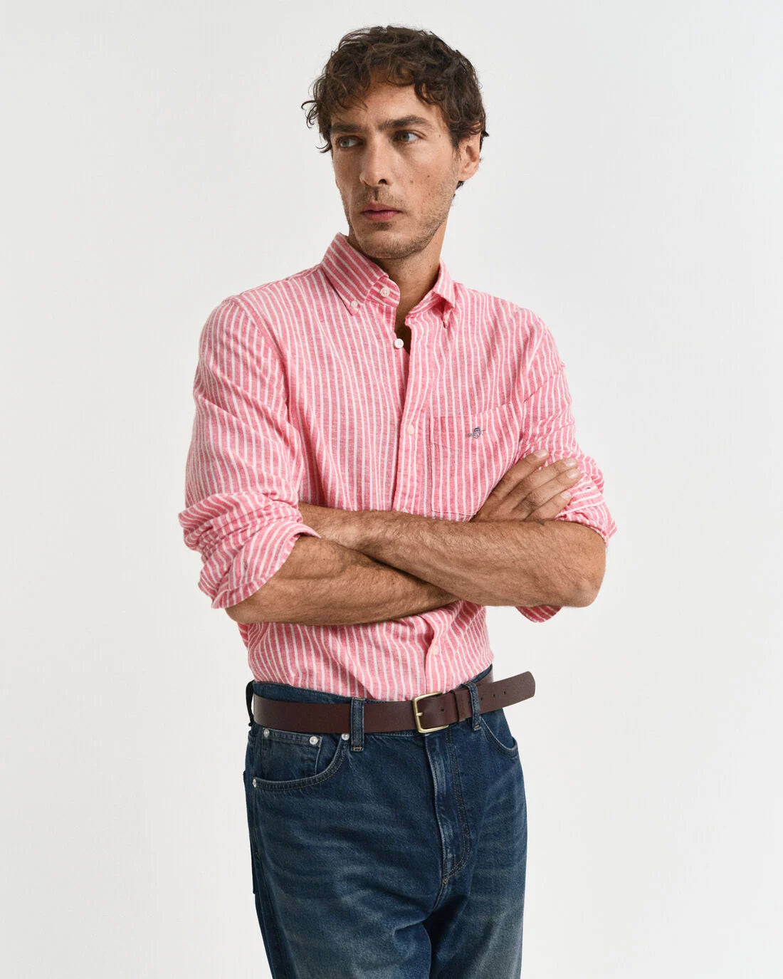 Camicia in misto cotone-lino a righe regular fit